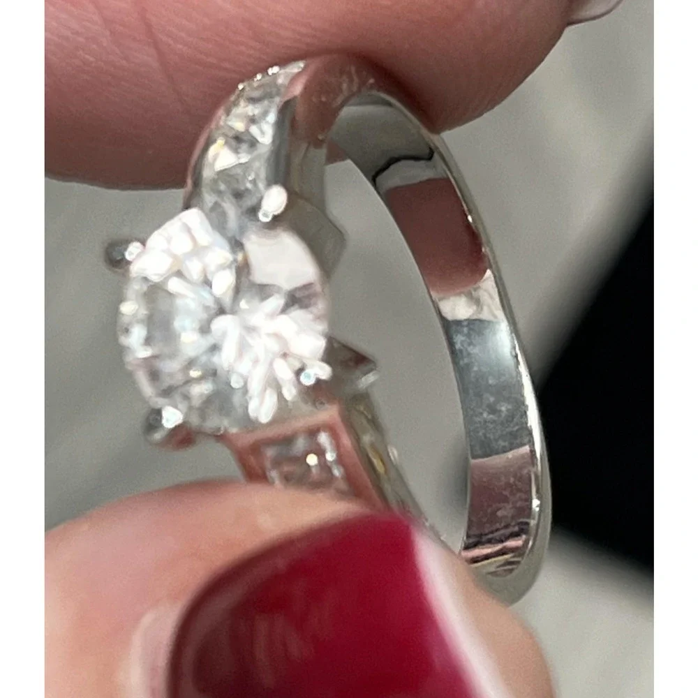 Silver Tone CZ Engagement Ring‎ Round Solitaire Channel Set Band Womens Wedding
